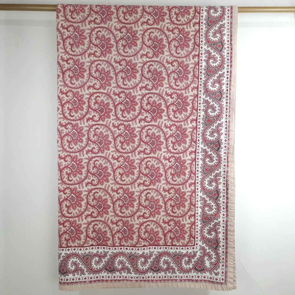 Williams Sonoma Red Floral Block Print Tablecloth Cotton Boho Christmas 70x126